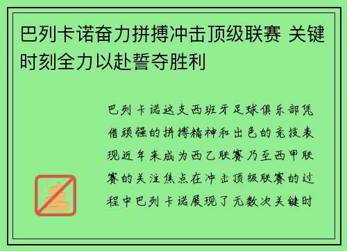巴列卡诺奋力拼搏冲击顶级联赛 关键时刻全力以赴誓夺胜利