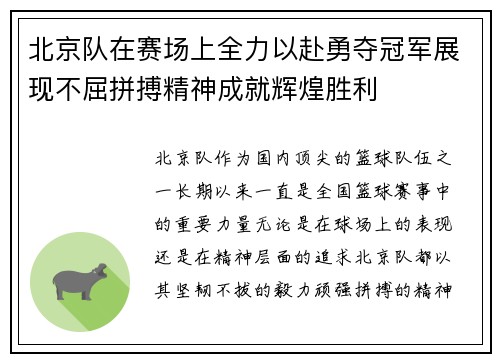 北京队在赛场上全力以赴勇夺冠军展现不屈拼搏精神成就辉煌胜利