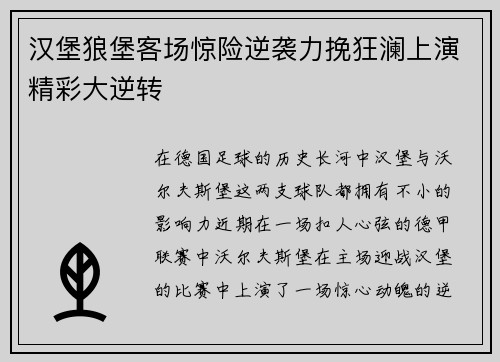 汉堡狼堡客场惊险逆袭力挽狂澜上演精彩大逆转