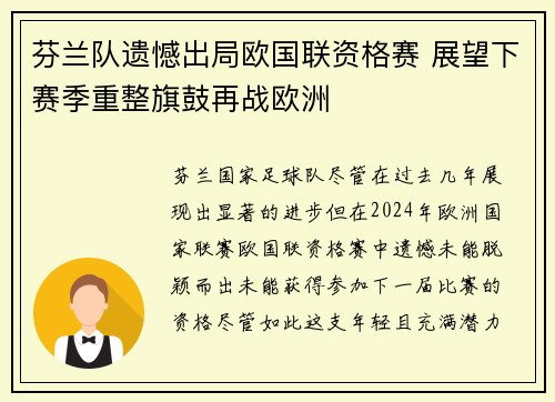 芬兰队遗憾出局欧国联资格赛 展望下赛季重整旗鼓再战欧洲