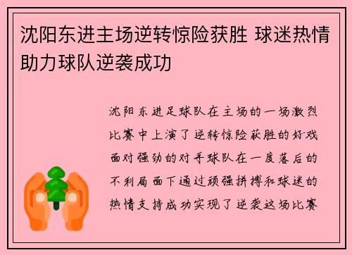 沈阳东进主场逆转惊险获胜 球迷热情助力球队逆袭成功