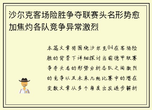 沙尔克客场险胜争夺联赛头名形势愈加焦灼各队竞争异常激烈