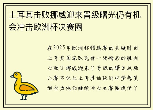 土耳其击败挪威迎来晋级曙光仍有机会冲击欧洲杯决赛圈