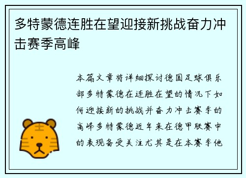 多特蒙德连胜在望迎接新挑战奋力冲击赛季高峰