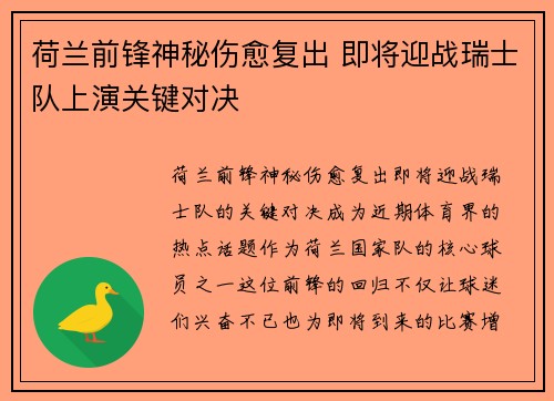 荷兰前锋神秘伤愈复出 即将迎战瑞士队上演关键对决