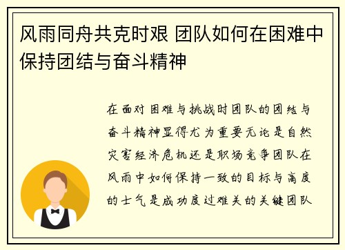 风雨同舟共克时艰 团队如何在困难中保持团结与奋斗精神