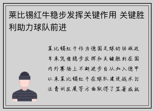 莱比锡红牛稳步发挥关键作用 关键胜利助力球队前进