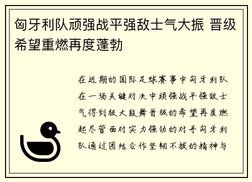 匈牙利队顽强战平强敌士气大振 晋级希望重燃再度蓬勃